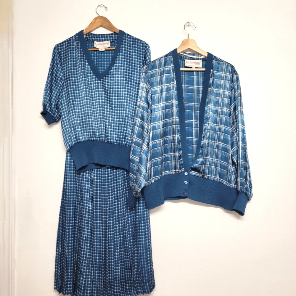 Vintage Castleberry Elegant Blue Checkered Skirt Set With Blouse And Jacket
